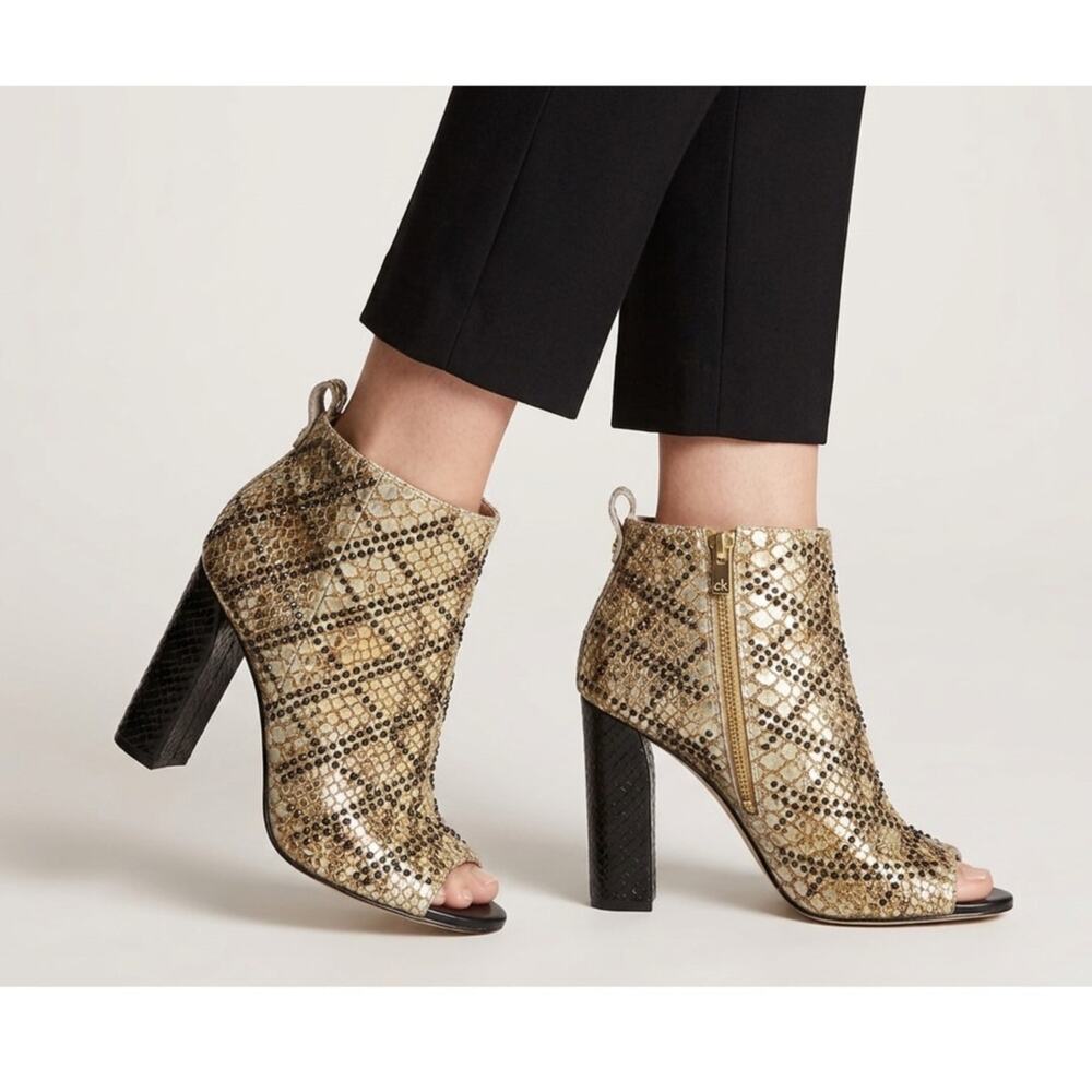 CALVIN KLEIN Jules Gold Snake Print Leather Studded Peep Toe Ankle Booties Sz 7